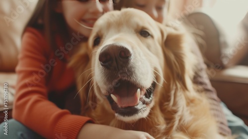 Happy family having fun playing with golden retriever dog at home. Caring for animals, family concept