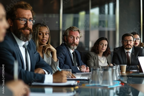 Male Caucasian businessman leader with diverse team of colleagues, group of executive managers at meeting Multicultural business professionals work together in a conference room.