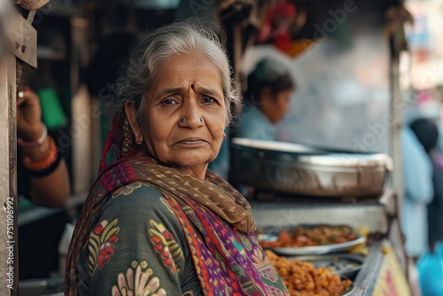 middle aged indian woman standing with street food truck photo