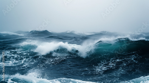 Intense scene of a stormy sea with towering waves. Contrast between the tumultuous sea and the brooding sky, evoking a sense of both danger and breathtaking beauty. © Pink Badger