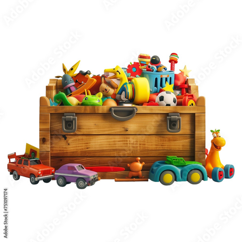 Wooden toy chest filled with colorful toys, isolated on transparent background, representing playful childhood memories.

