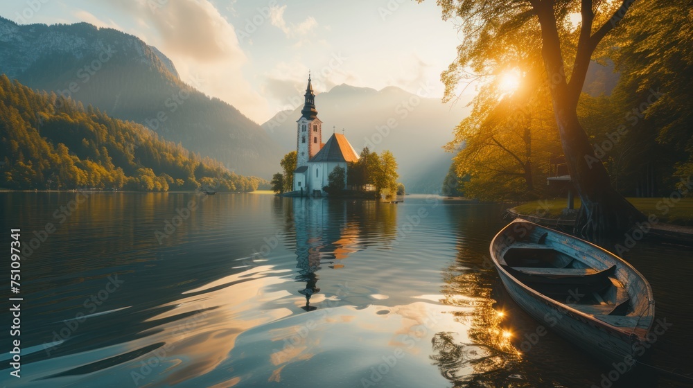 Sunrise lake in Austria, boat, mountains, church, landscape, nature - obrazy, fototapety, plakaty 