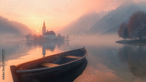 Sunrise lake in Austria, boat, mountains, church, landscape, nature