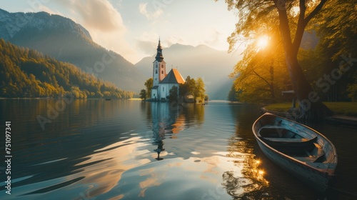 Sunrise lake in Austria, boat, mountains, church, landscape, nature #751097341