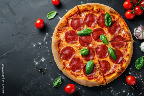 asty pepperoni pizza and cooking ingredients tomatoes basil on black concrete background. Top view of hot pepperoni pizza. With copy space for text. Flat lay. photo