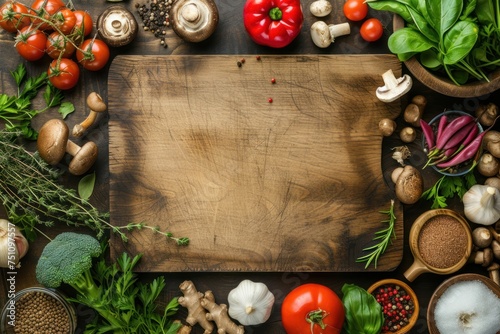 Top view. Cooking background, ingredients for preparing vegetarian food. Vegetables, roots, spices, mushrooms and herbs. On the old cutting board. photo