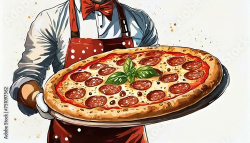Illustration of a pizza chef showing a pepperoni pizza on white background.
