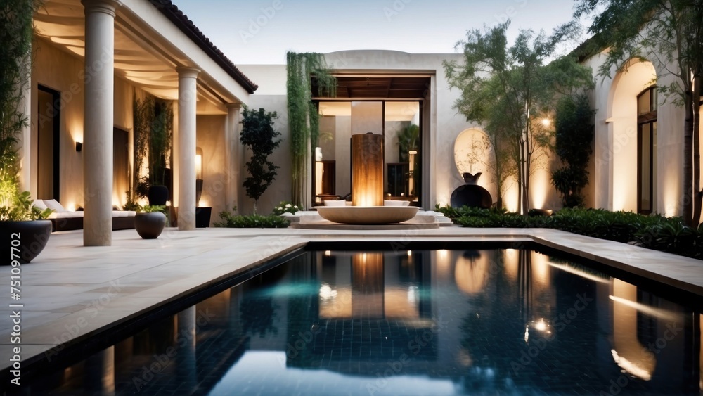 Integrate creative water features throughout the villa, such as reflecting pools, cascading waterfalls, or a contemporary fountain in the central courtyard