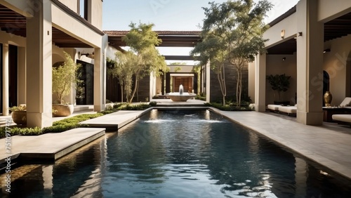 Integrate creative water features throughout the villa  such as reflecting pools  cascading waterfalls  or a contemporary fountain in the central courtyard