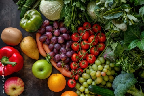 Heart shaped view from top to bottom with various fresh vegetables and fruits. healthy food concept photo