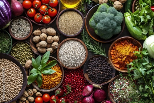 Top-down view: Vegetables, nuts, herbs, spices, nuts, grains, and lentils contain antioxidants and carbohydrates. healthy food