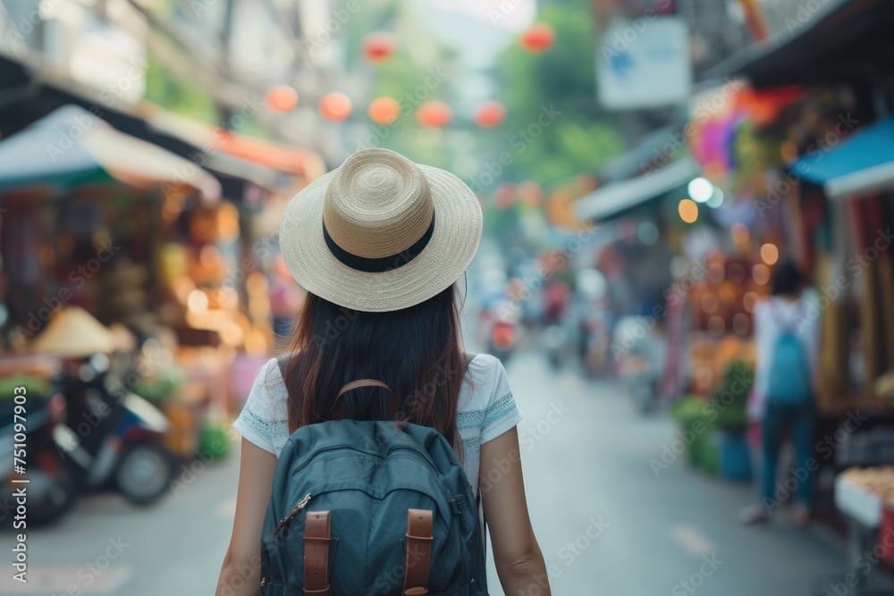 Female traveler with backpack and hat tours the streets and visits the street food market. weekend travel Female traveler with backpack and hat tours the streets and visits the street food market. weekend travel