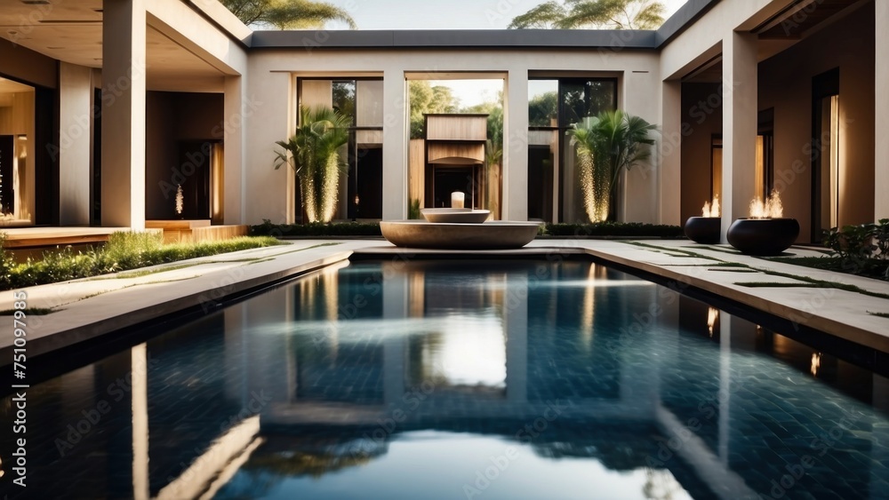 Fototapeta premium Integrate creative water features throughout the villa, such as reflecting pools, cascading waterfalls, or a contemporary fountain in the central courtyard