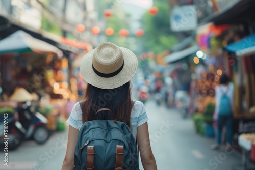 Female traveler with backpack and hat tours the streets and visits the street food market. weekend travel