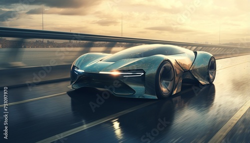 Futuristic sports car in motion  front perspective view. Futuristic sports car technology concept with wireframe intersection. Generative AI.