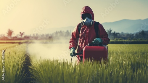 rural farmer wearing a red long-sleeved shirt and a chemical mask sprays fertilizer in his rice field. Chemistry and Agriculture