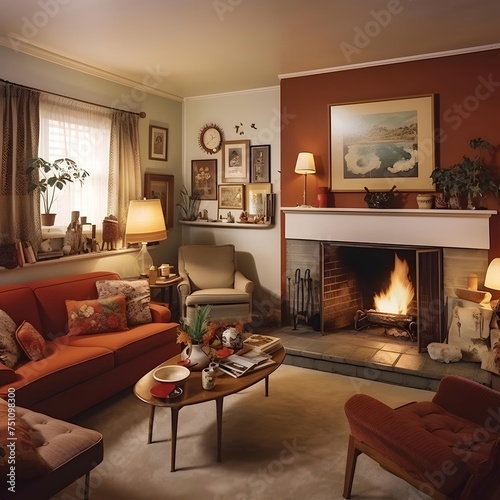 Cozy living room with fireplace  sofa and armchair. Living room with fireplace.