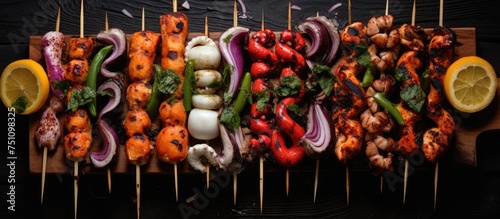 Several skewers of seafood and vegetables, including octopus, squid, and assorted veggies, neatly arranged on a rustic wooden board. The colorful assortment of grilled food creates an enticing display