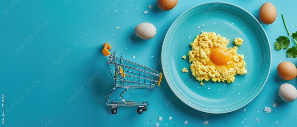 on a bright blue background, a light blue plate in which a hearty breakfast in the form of scrambled eggs with a bright yolk in the shape of a heart and a shopping cart with eggs next to it - obrazy, fototapety, plakaty 
