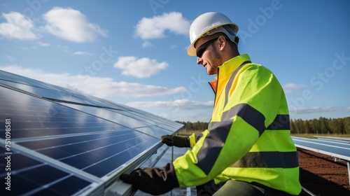 Technician inspecting solar panels Demonstrate expertise and trustworthiness Maintenance of a solar farm.