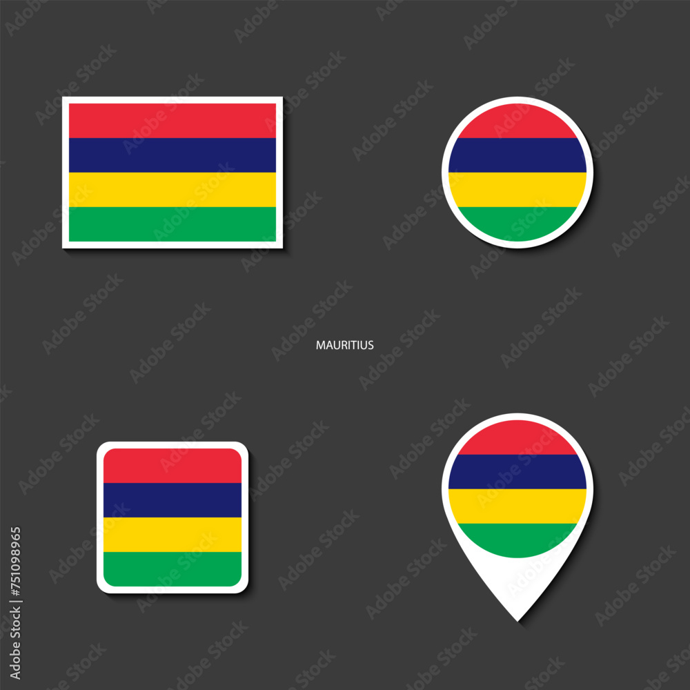 Mauritius flag icon set in rectangle, circle, square and pin icon on grey background. Mexico sticker flag collection. Mauritius flag icon set in rectangle, circle, square and pin icon on grey background. Mexico sticker flag collection.