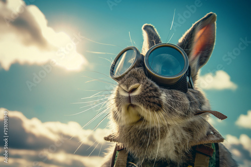 A rabbit in aviator gear goggles on ready for flight against a sky backdrop photo