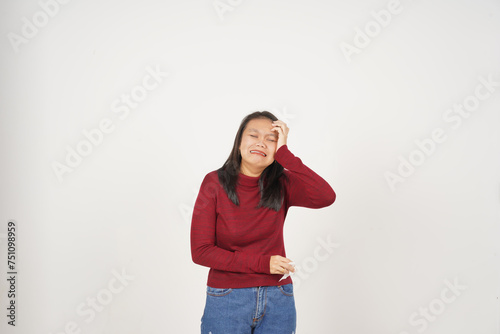 Young Asian woman in Red t-shirt sad crying isolated on white background
