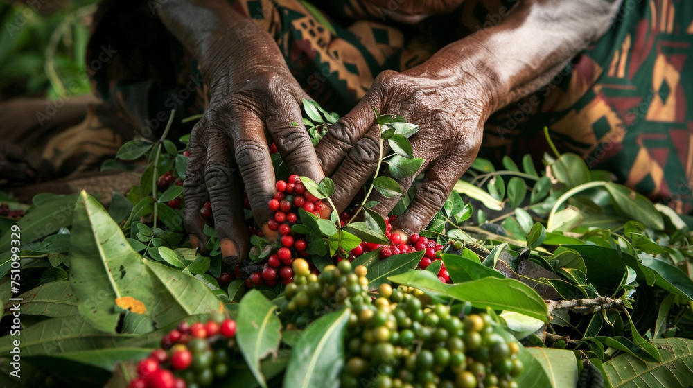 A traditional healers hands expertly crush a mix of leaves and berries combining different plant parts to create a potent medicine to heal ailments. A traditional healers hands expertly crush a mix of leaves and berries combining different plant parts to create a potent medicine to heal ailments.