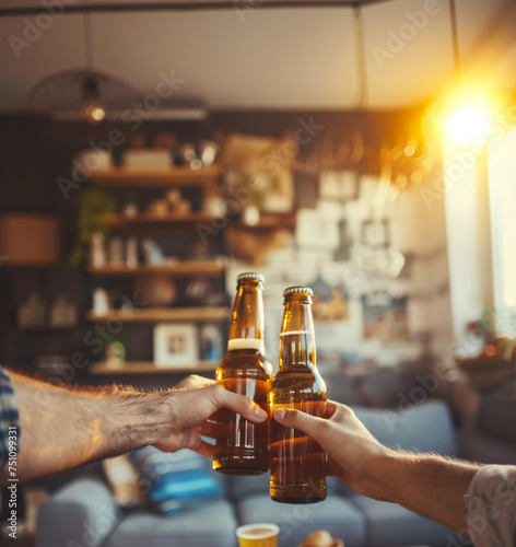 close up of hands of two male friends toasting with bottle of beer in a living room  chilling and relax