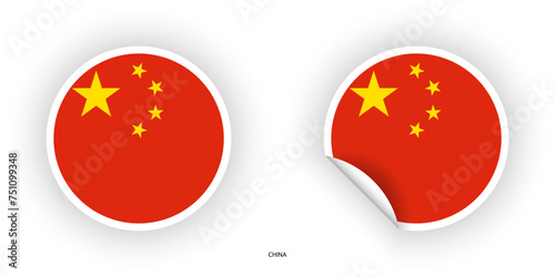 China sticker flag icon set in circle shape and circular shape with peel off on white background.