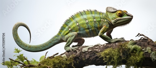 A green Jacksons chameleon, scientifically known as Chamaeleo jacksonii merumontanus, is perched on top of a tree branch. The chameleon is shedding its skin, displaying its vibrant green colors