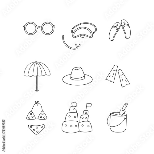 Summer set line elements. Sunglasses diving mask slippers umbrella hat fins swimsuit sand castle with flags bucket with shovel. Doodle icons  childrens coloring books. Hand drawn vector illustration.