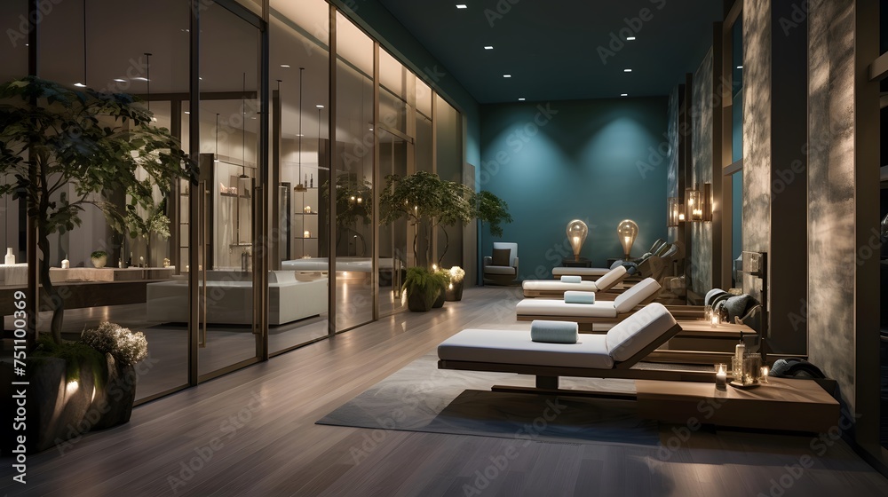 Luxury hotel lobby interior, panoramic photo. 3D rendering