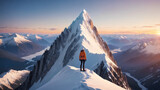 Adventurous woman standing on top of a snow peak
