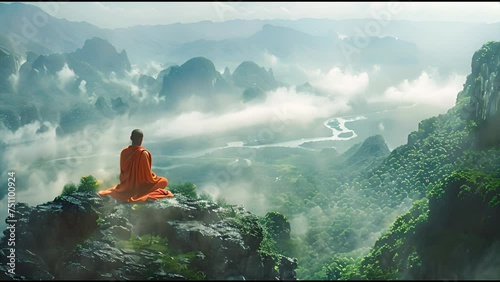 Monk Meditating on Mountain Overlooking Misty Valley
 photo