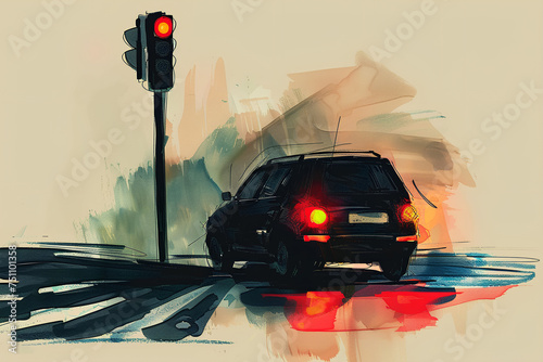 children's illustration of violation of traffic rules. The car passes a red traffic light. minimalistic illustration photo