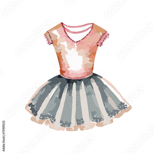 Pretty pink ballet ballerina tutu for dancer. Hand drawn watercolor illustration. Ballerina dancing costume with pleated skirt and ruffles, Dance performance recital. Girl's dress. Vector icon. 