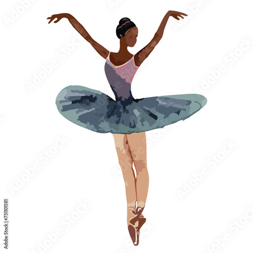 Beautiful ballerina dancer in tutu. Hand painted watercolor illustration. Twirling ballet dancer on pointe, arms up. Black latina dancer in pink and blue leotard. Vector illustration for dance studio.