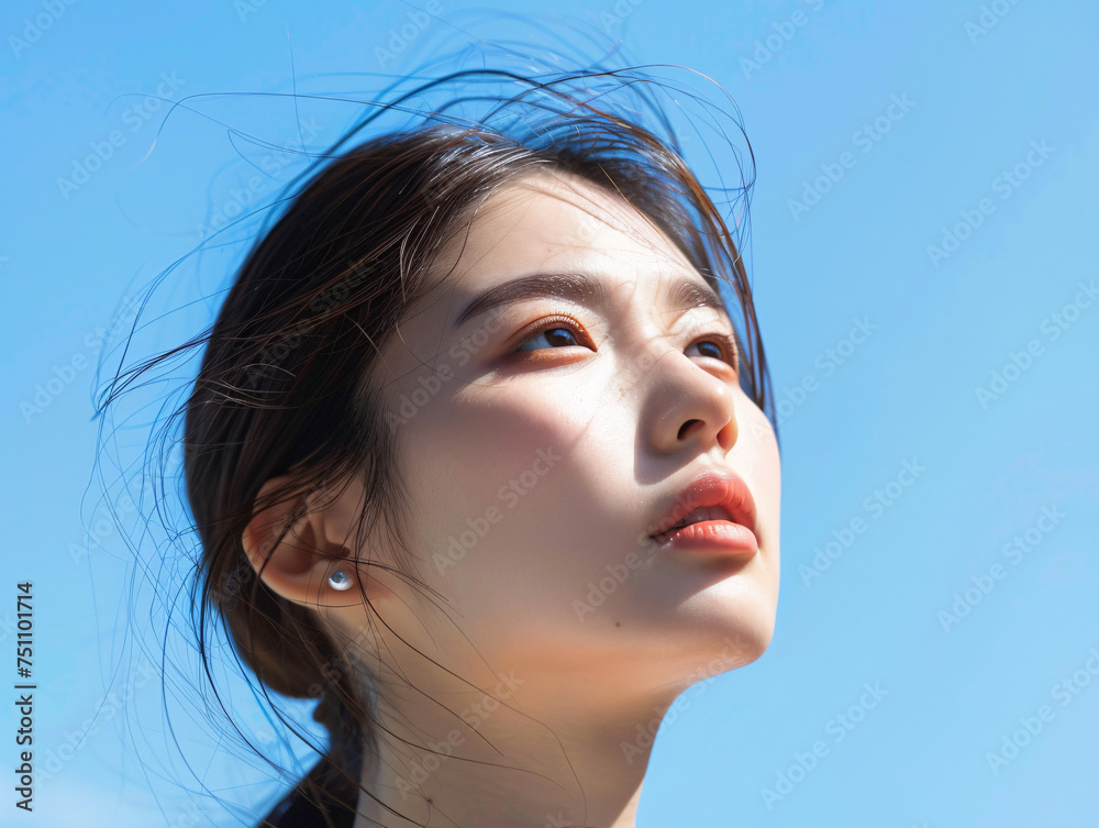 夏の陽光を浴びる若々しいアジア人女性