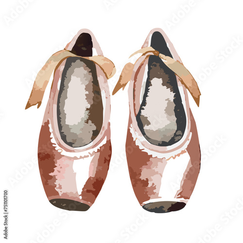 Pink ballet slippers with lace and ribbons. Girl's women's pointe shoes for ballet dancing. Pair of ballerina dancer shoes with silk ribbons. Hand-drawn hand-painted watercolor vector illustration. 