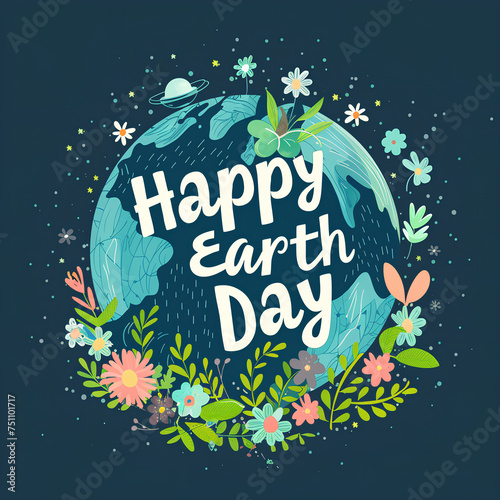 poster flat illustration with plant and flowers with text  Happy Earth Day 
