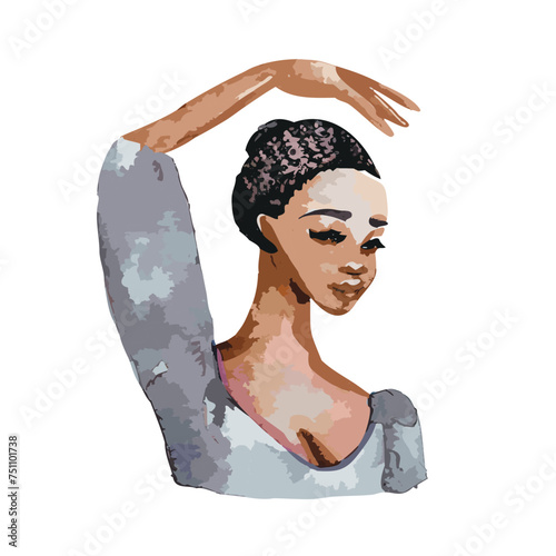 Beautiful ballerina portrait. Watercolor vector illustration. Ballet dancer with dark skin, dark hair in bun. Dance costume with arms up. Black latina performer posing in a blue ballet tutu leotard. 