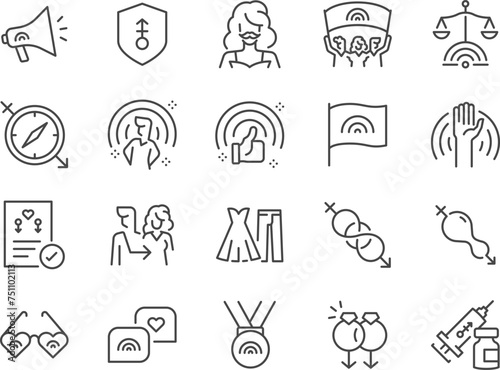LGBTQi+ Pride icon set. It included LGBTQ, gender, gender expression, transgender, and more icons. Editable Vector Stroke.