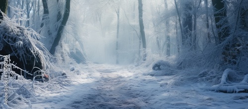 A winding path cuts through a snowy forest filled with a dense cluster of trees. The ground is covered in a thick blanket of snow, creating a serene winter scene.