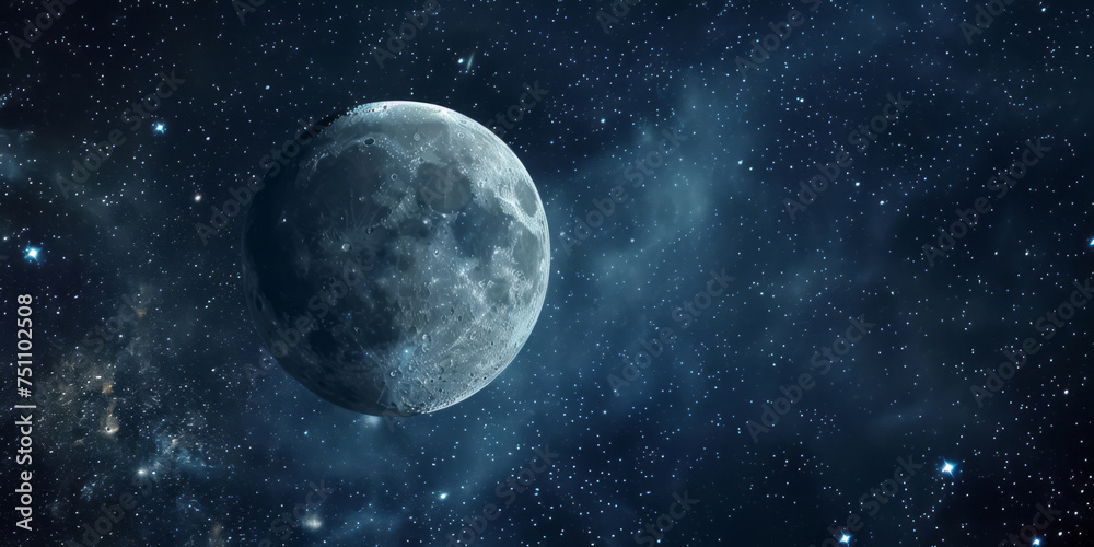 The moon and stars, against a dark background, embody a cosmic fantasy style. The moon and stars, against a dark background, embody a cosmic fantasy style.