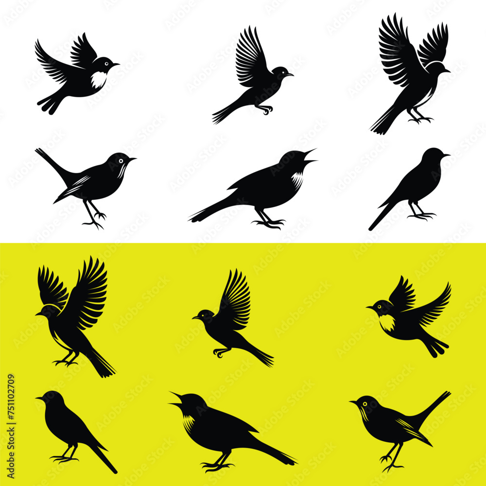 SILHOUETTE SET OF BIRDS ISOLATED ON WHITE AND YELLOW BACKGROUND SILHOUETTE SET OF BIRDS ISOLATED ON WHITE AND YELLOW BACKGROUND