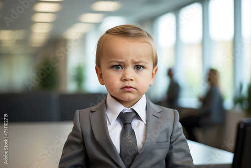 A serious baby boss in the office, staring directly at the camera