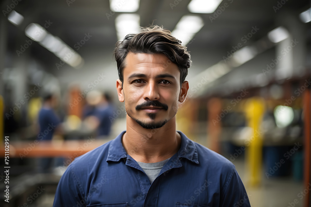 A male factory worker striking a pose while looking directly at the camera