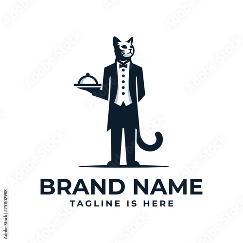 The cat logo in restaurant attire exudes charm, professionalism, and hospitality, blending feline grace with culinary service excellence.
