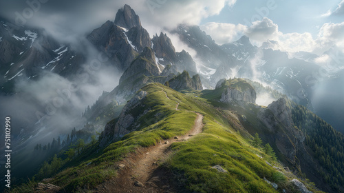 Majestic Mountain Pathway in Misty Morning Light